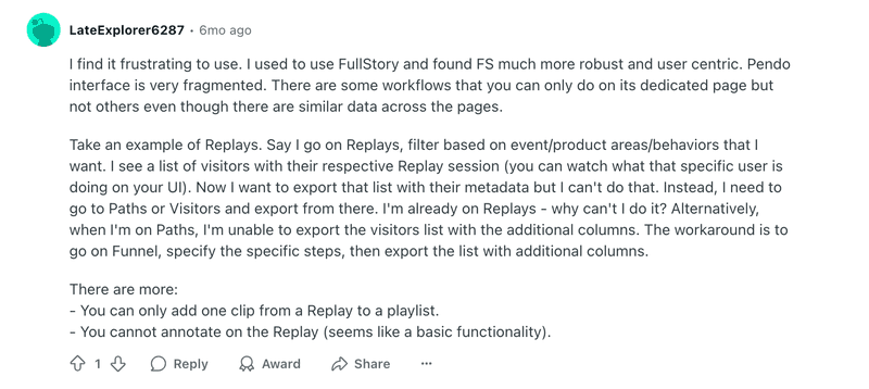 Reddit user review of Pendo’s user interface.