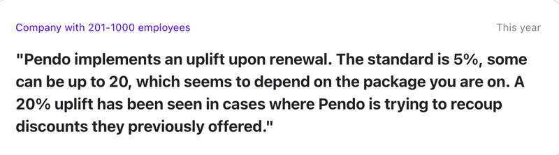 Pendo price rise on renewal, as stated by a Vendr community member