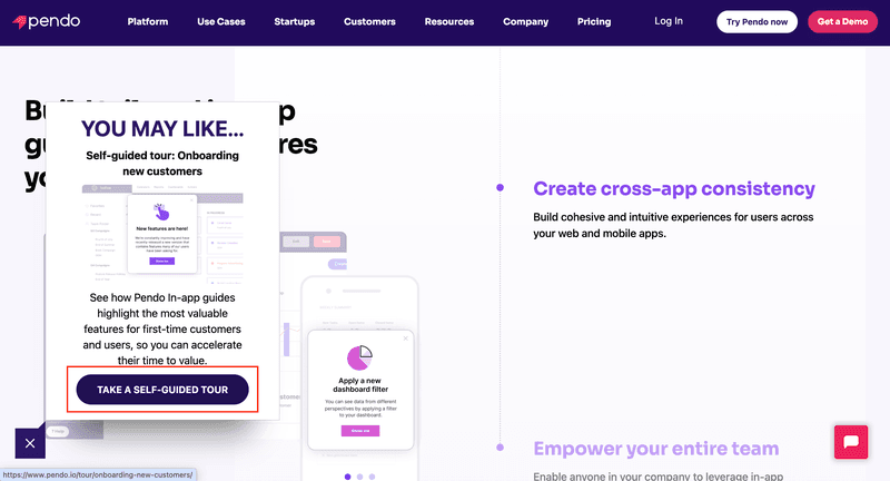 Pendo's self-guided tour on its website