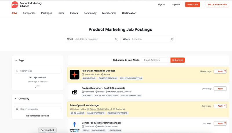 The PMA job board lists open roles in product marketing across remote and global locations.