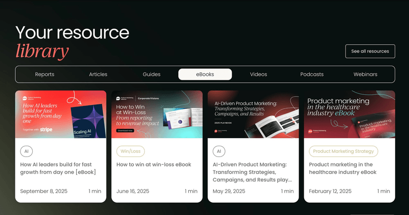 The PMA resource library includes ebooks, reports, videos, and podcasts to support product marketing work.