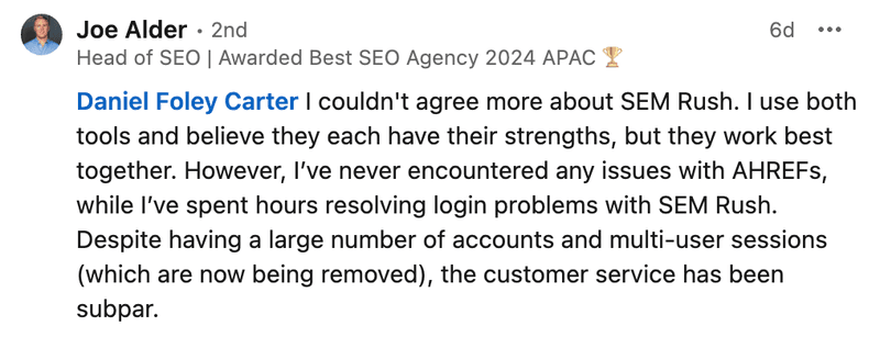 Comments about Semrush's poor account management