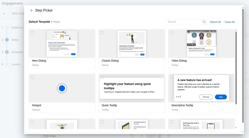 Example of Gainsight PX’s step picker that lets you pick from different UI patterns to build your in-app experiences.