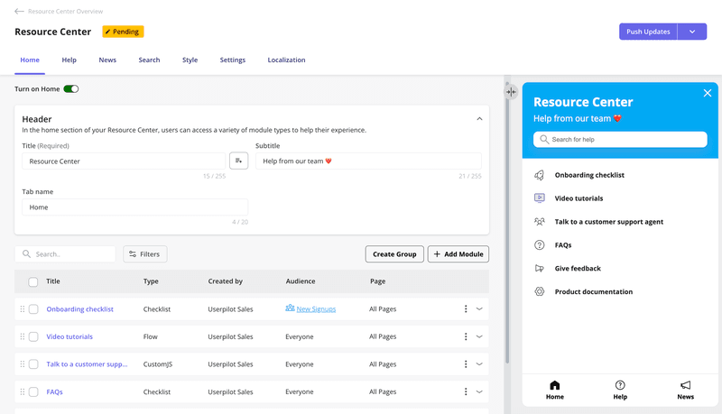 Example of an in-app resource center powered by Userpilot