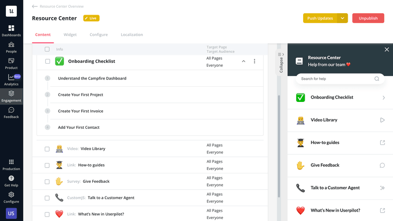 Userpilot resource centers provide in-depth guidance on topics introduced in product tours
