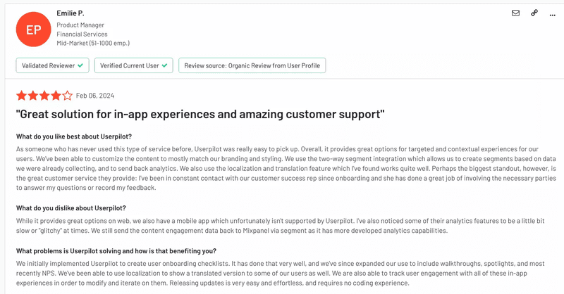User review on G2 for Userpilot