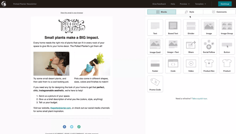 Custom templates in Mailchimp help users get off to a fast start.