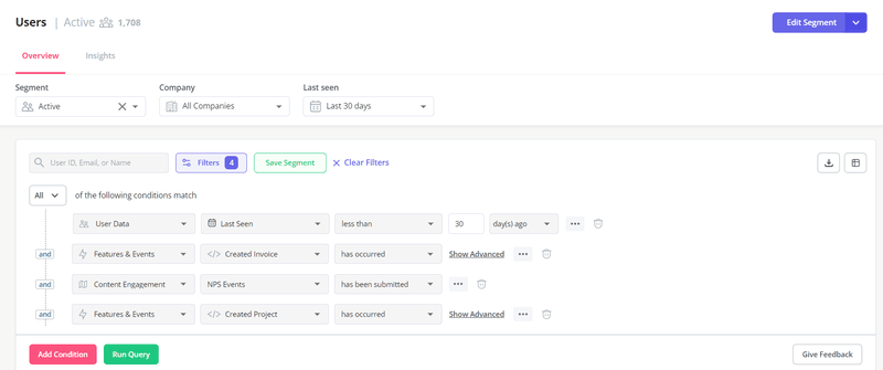 A screenshot of the segmentation options in Userpilot