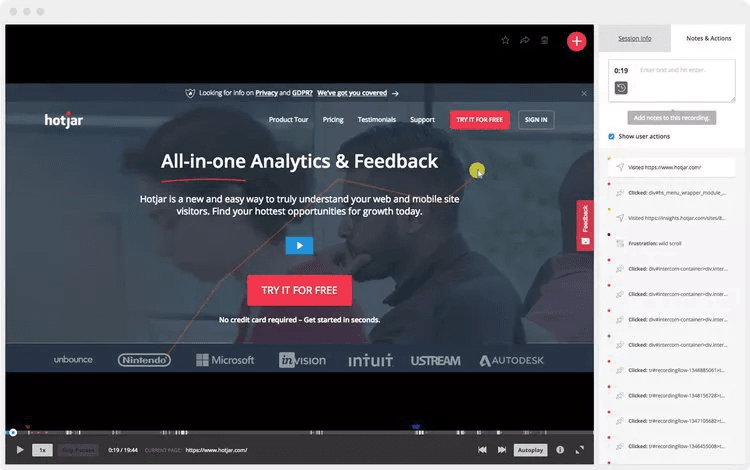 Session recording example from Hotjar