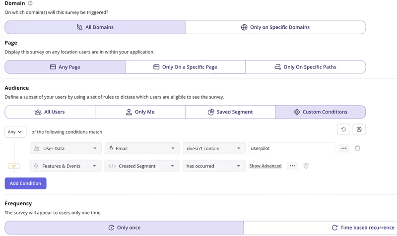 Survey segmentation in Userpilot.