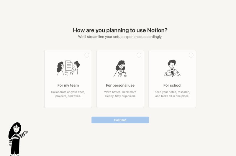 Notion's signup flow that gathers jobs to be done data to help with conversion rate optimization for saas