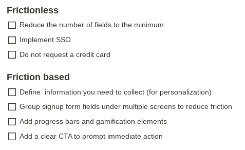 Screenshot of frictionless vs friction based signup checklists