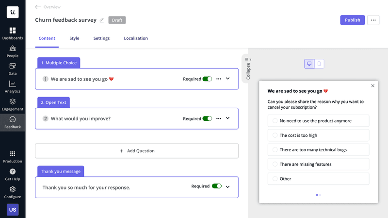 collect customer feedback: An in-app churn survey created in Userpilot