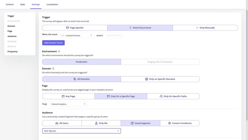 Survey conditions and triggers on Userpilot