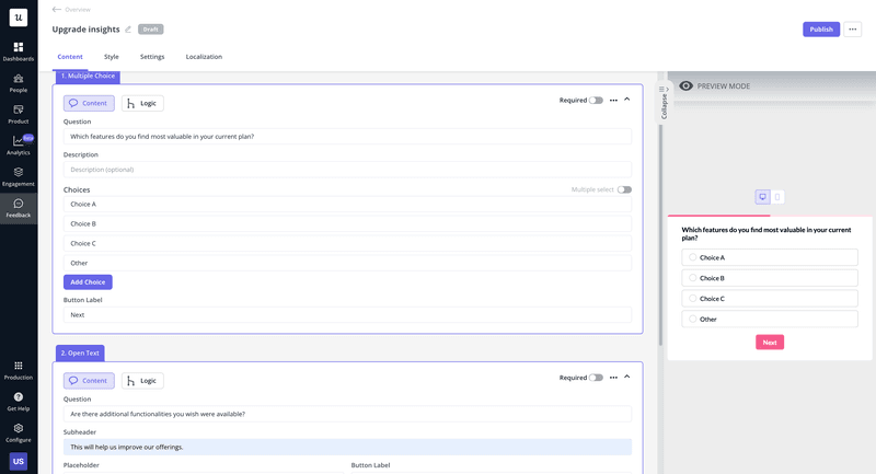 in app survey for upgrade insights