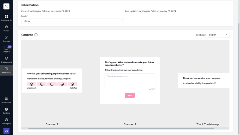 In-app survey created in Userpilot