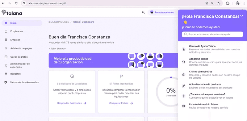 Userpilot’s resource center for Talana.
