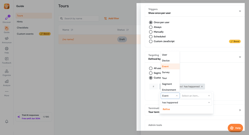 Basic targeting rules for product tours in Product Fruits.
