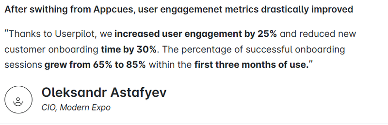 Testimonial of how using Userpilot improved user engagement.