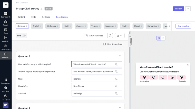 Automatic surveys translation in Userpilot