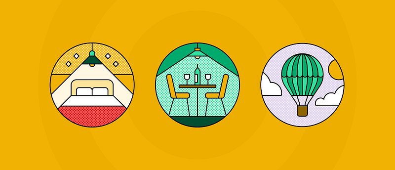 Image of three affinity badge illustrations atop a yellow background issued by Tripadvisor