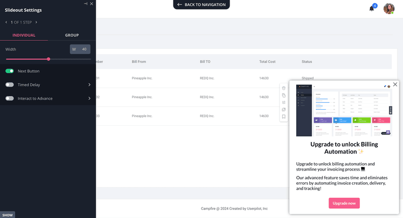 Upgrade slideout built with Userpilot