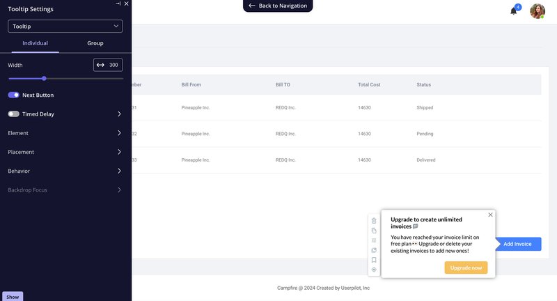 Account upgrade tooltip