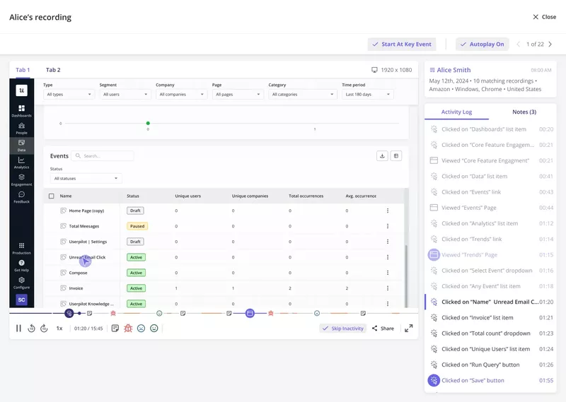 Clicking on the actions in the activity log takes you to a specific session recording part