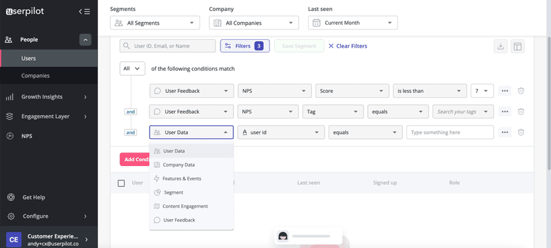 segment of detractors in userpilot