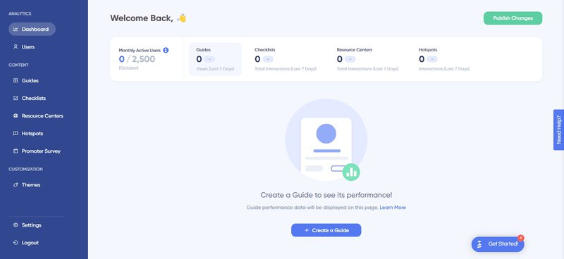 userguiding dashboard - no-code onboarding