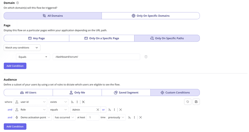  Userpilot flow condition builder showing segmentation and trigger rules