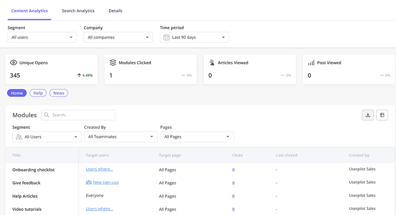 userpilot features resource center analytics