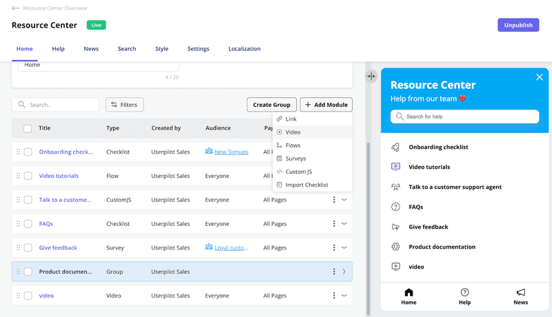 Userpilot help center with onboarding modules