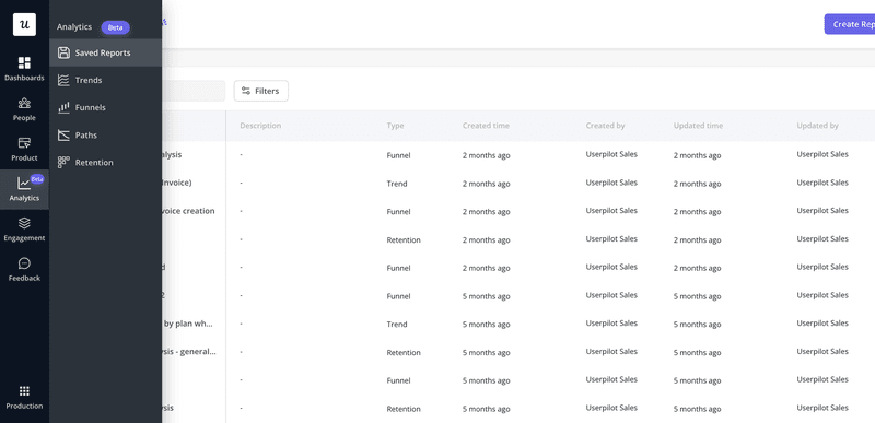 Userpilot saved analytics reports