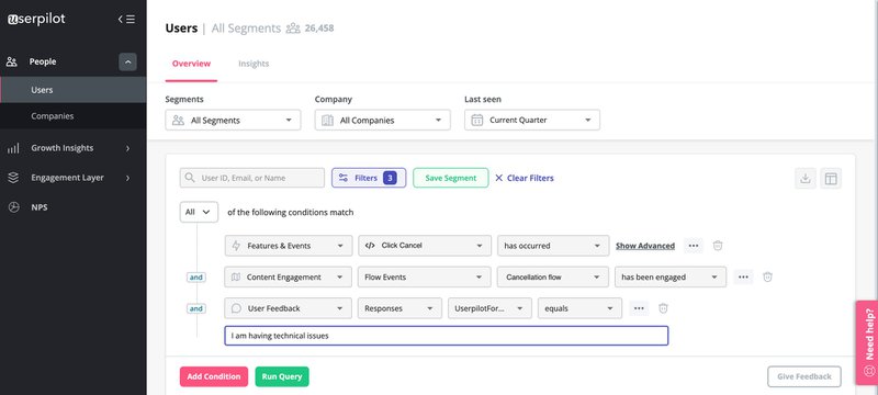 Screenshot of segments in Userpilot