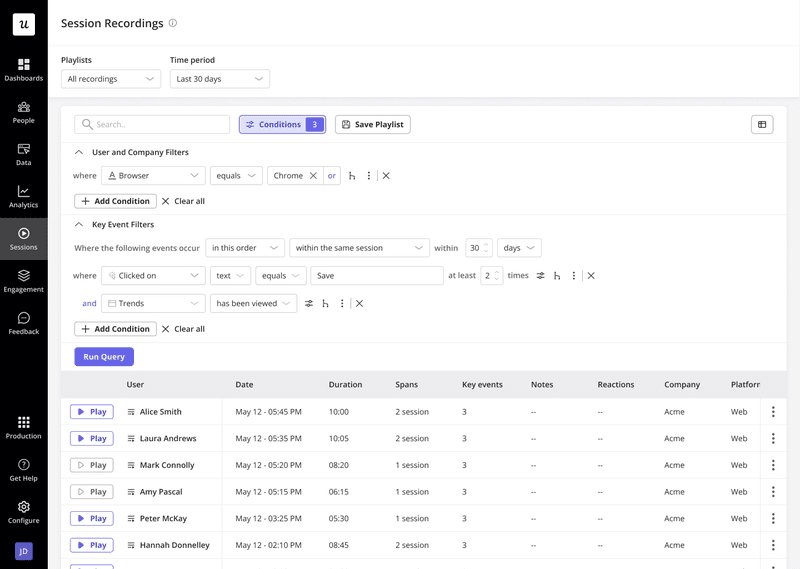 filtering Userpilot’s session recordings by user behavior, events and conditions