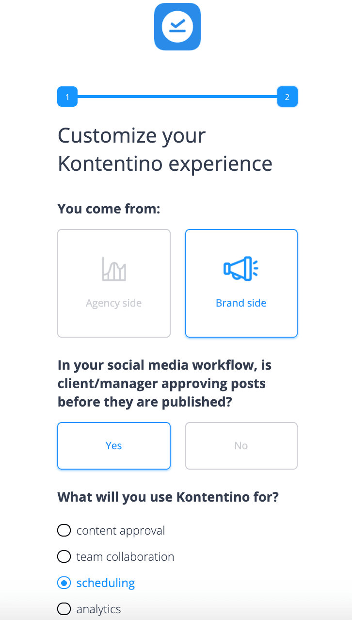 kontentino welcome screen