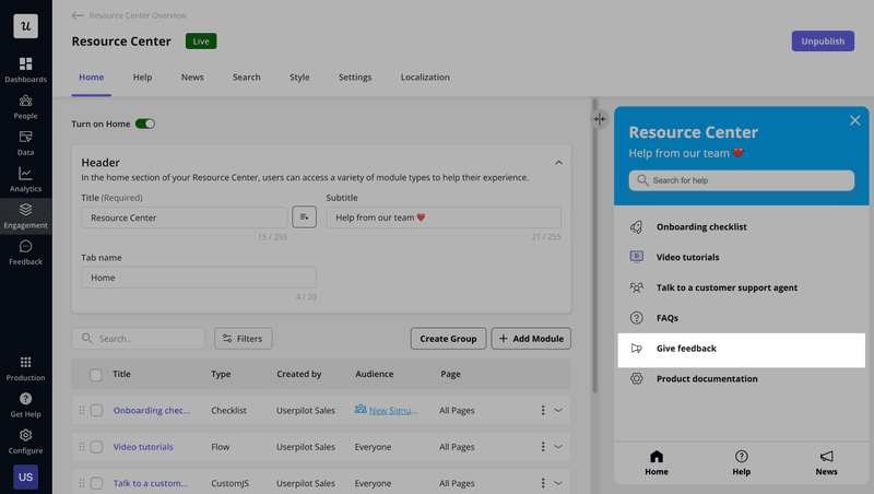 collect customer feedback.: You can find the feedback widget in Userpilot’s resource center