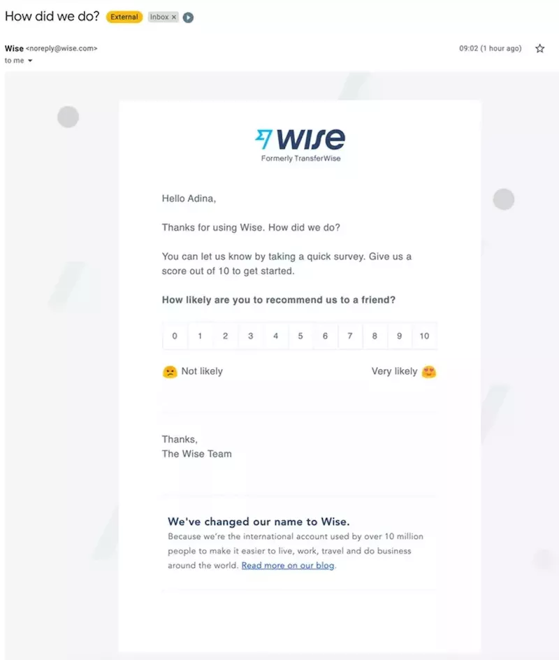 Wise email NPS survey