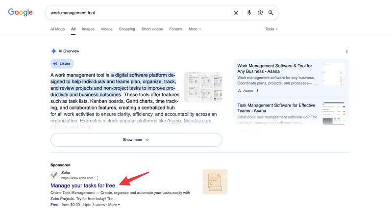 Zoho ran SEM ads targeting task management searches